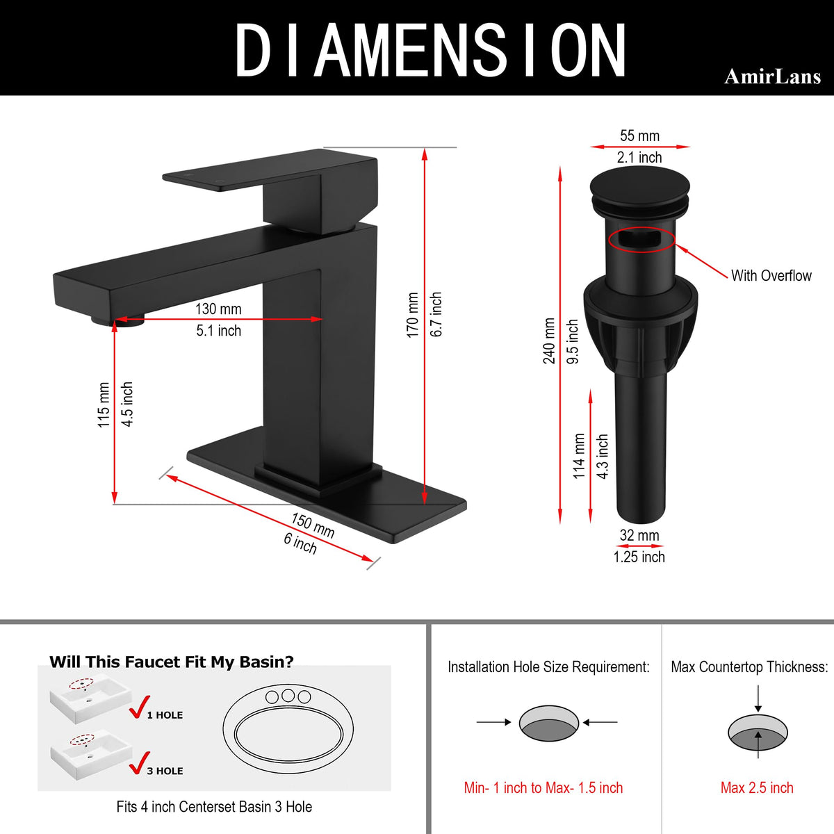 Close up of the matte black finish and smooth handle on AmirLans faucet