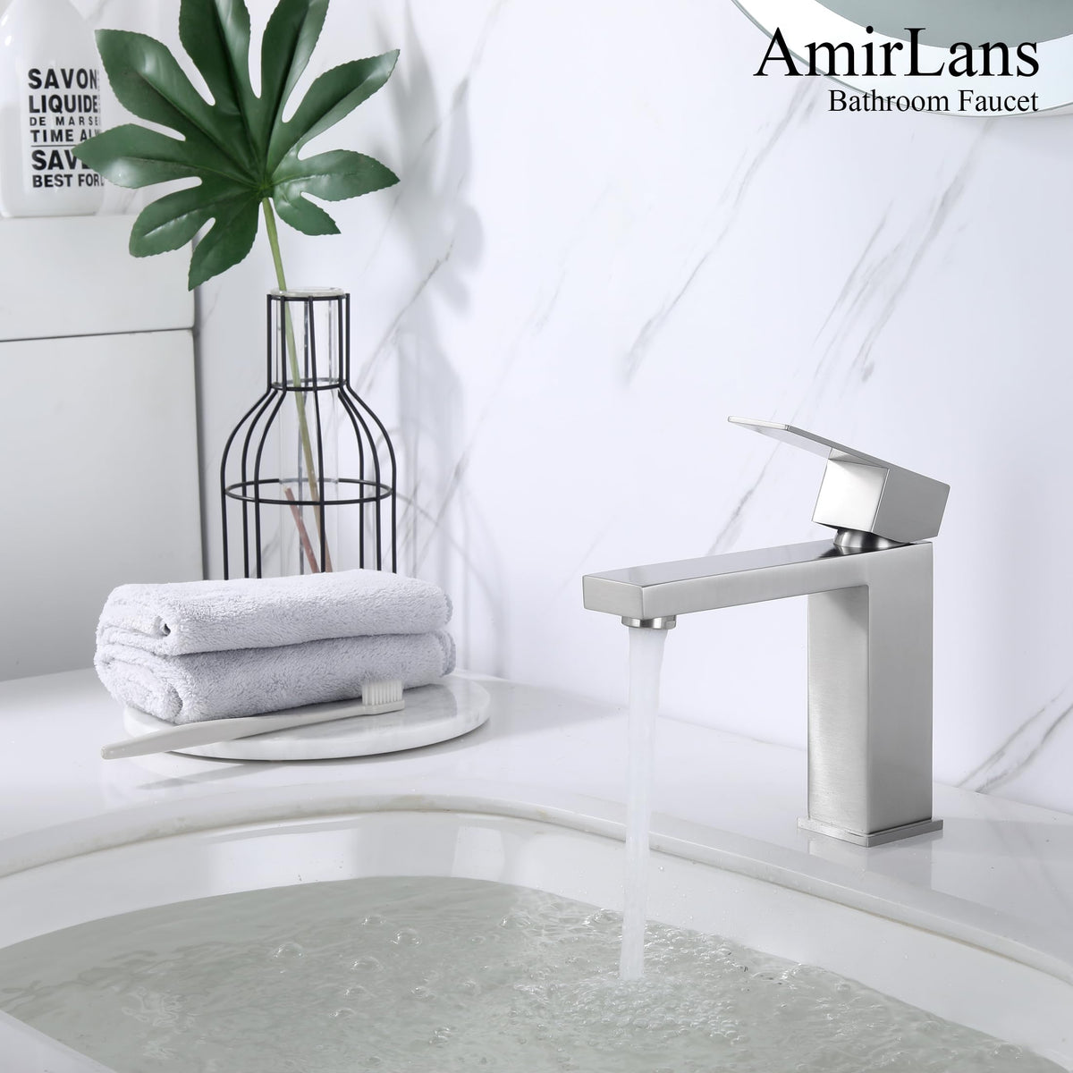 Deck plate supports clean 3-hole center-set installation with AmirLans faucet.