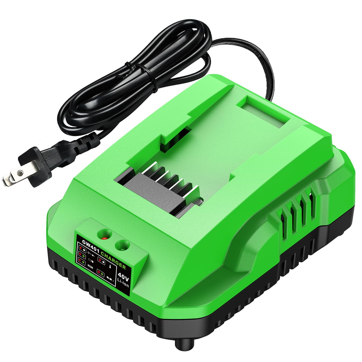 Amitself 40V charger front view compatible with Greenworks batteries for quick charging.