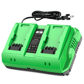 Amitself 40V dual-port charger front view highlighting compact design for space-saving storage
