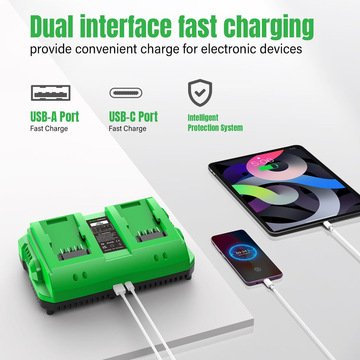 Amitself 40V dual-port charger USB detail shows handy USB port for charging phones