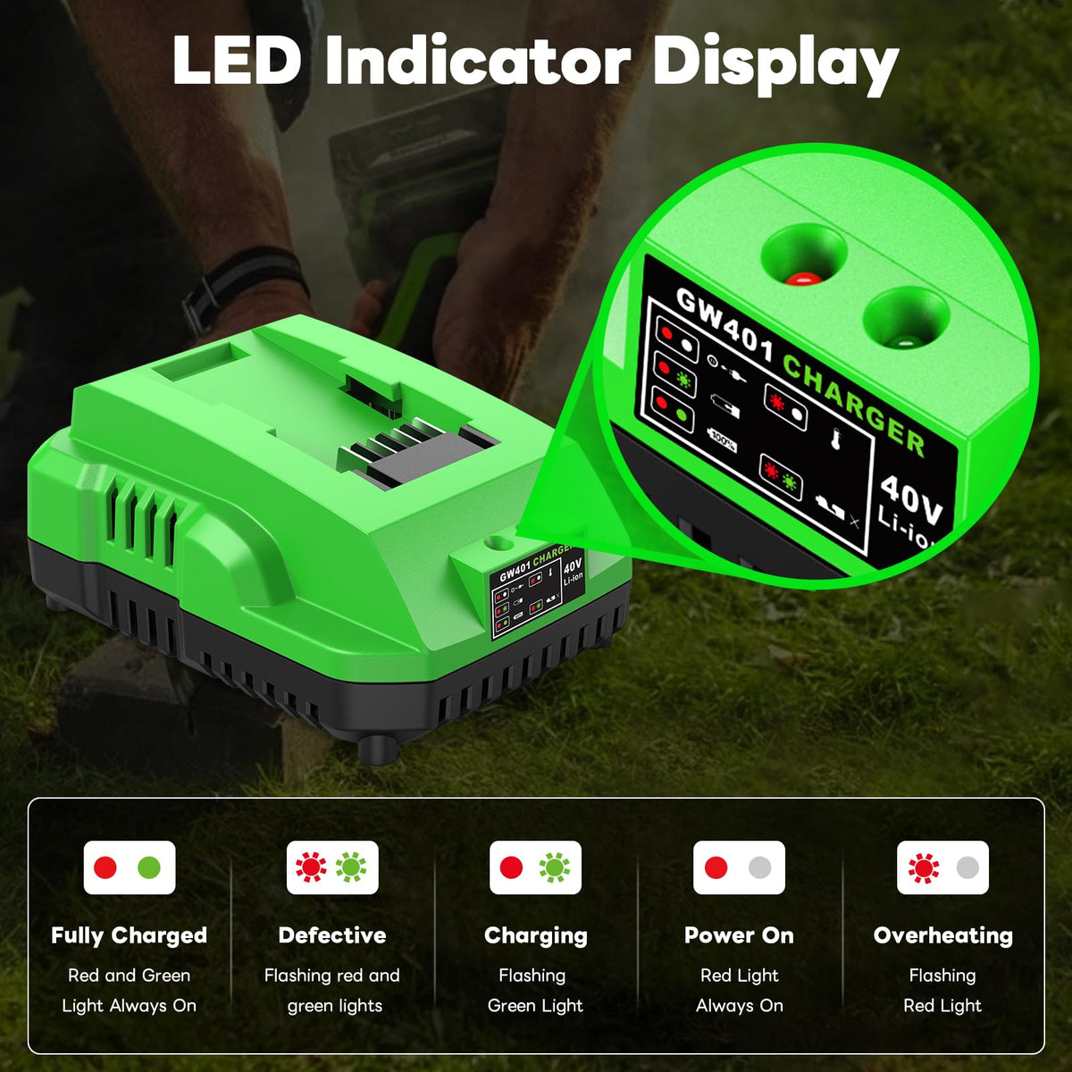 Greenworks 40V battery seated in Amitself charger to demonstrate compatibility.