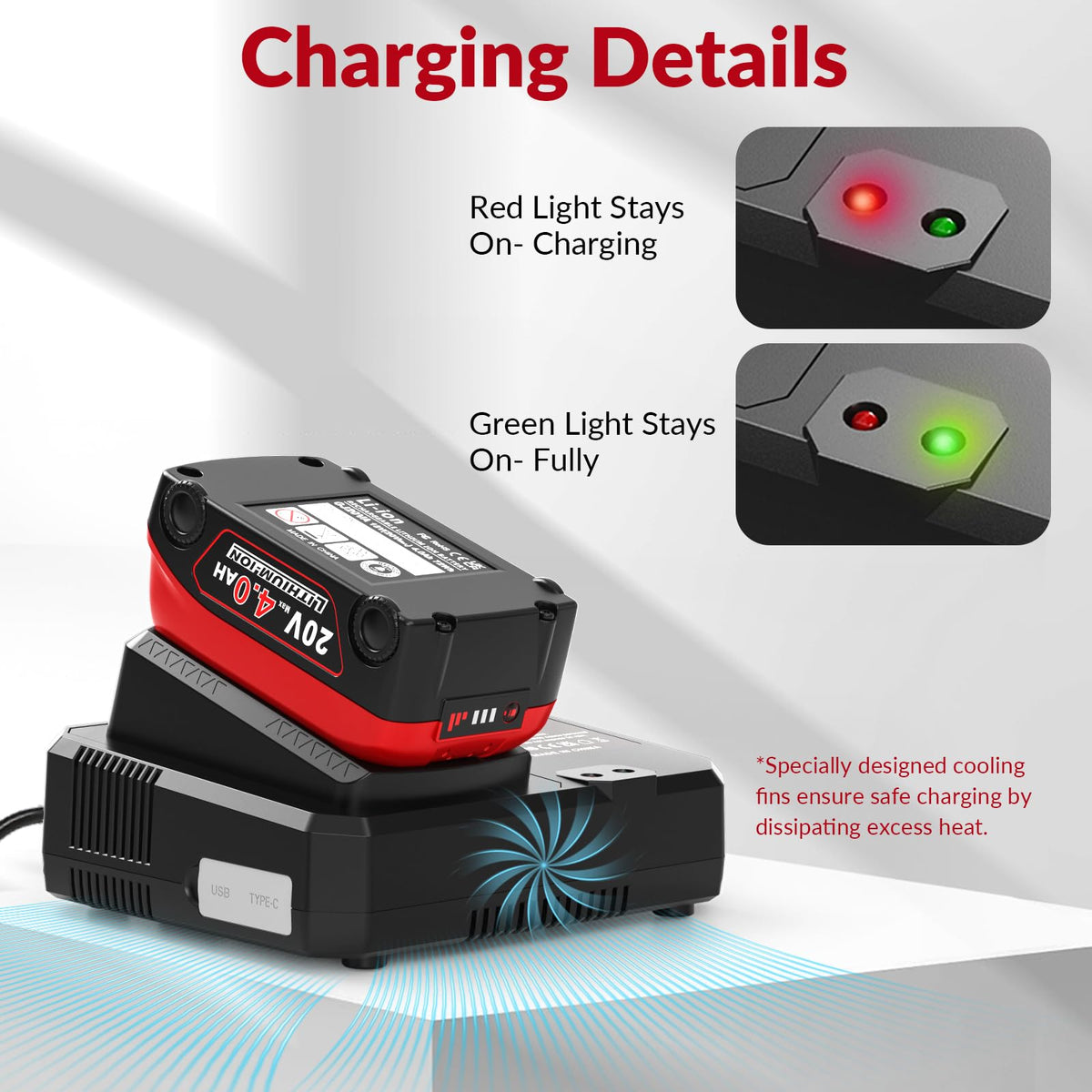 Amityke 3-LED power meter indicators on battery for at-a-glance charge status.