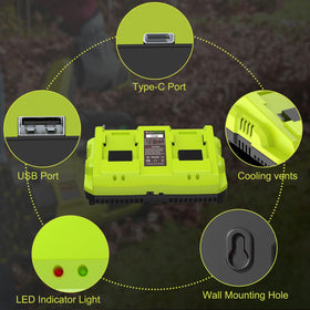 Amityke 40V battery charger powering two batteries at once for faster readiness