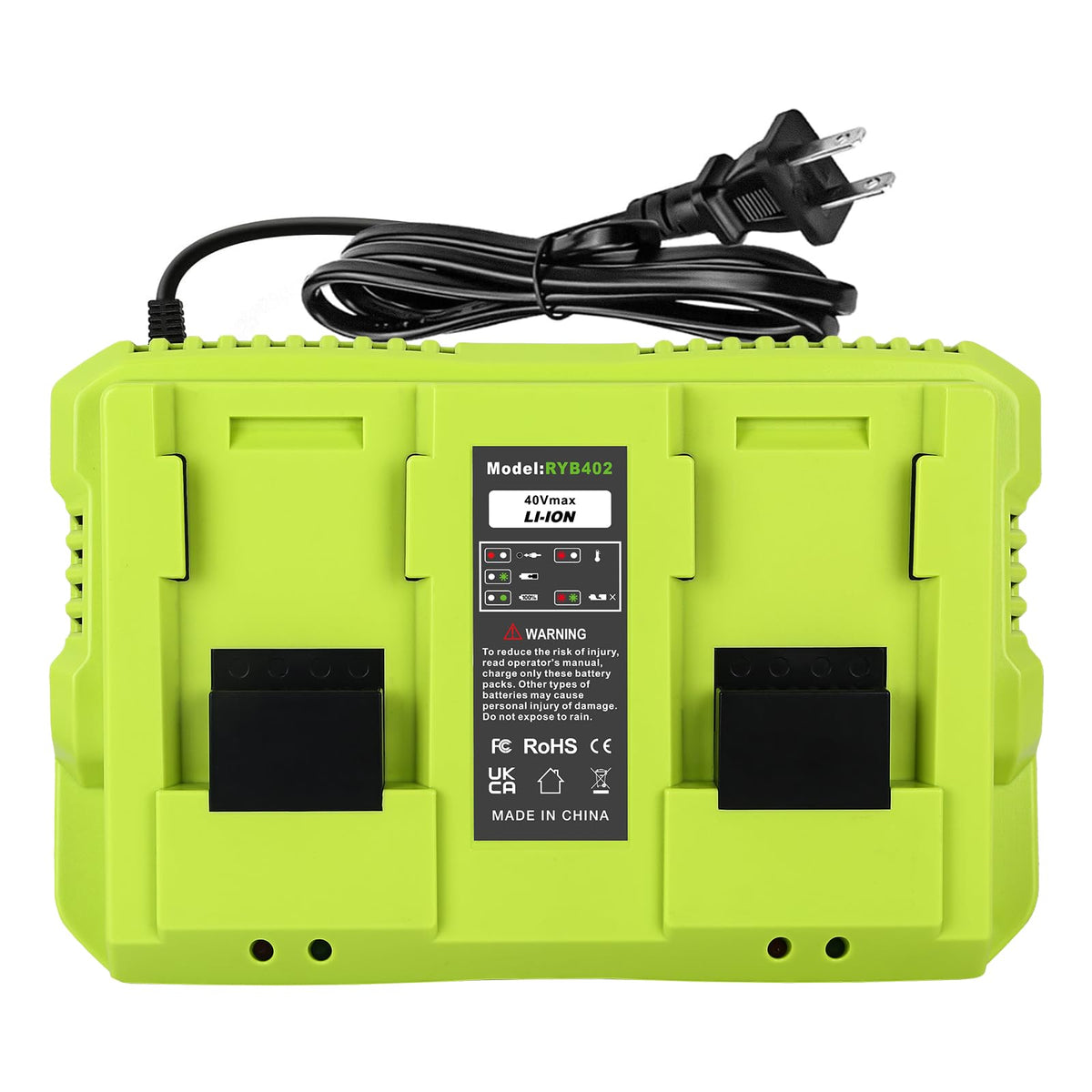 Amityke OP402 dual-port charger station charging two Ryobi 40V batteries efficiently
