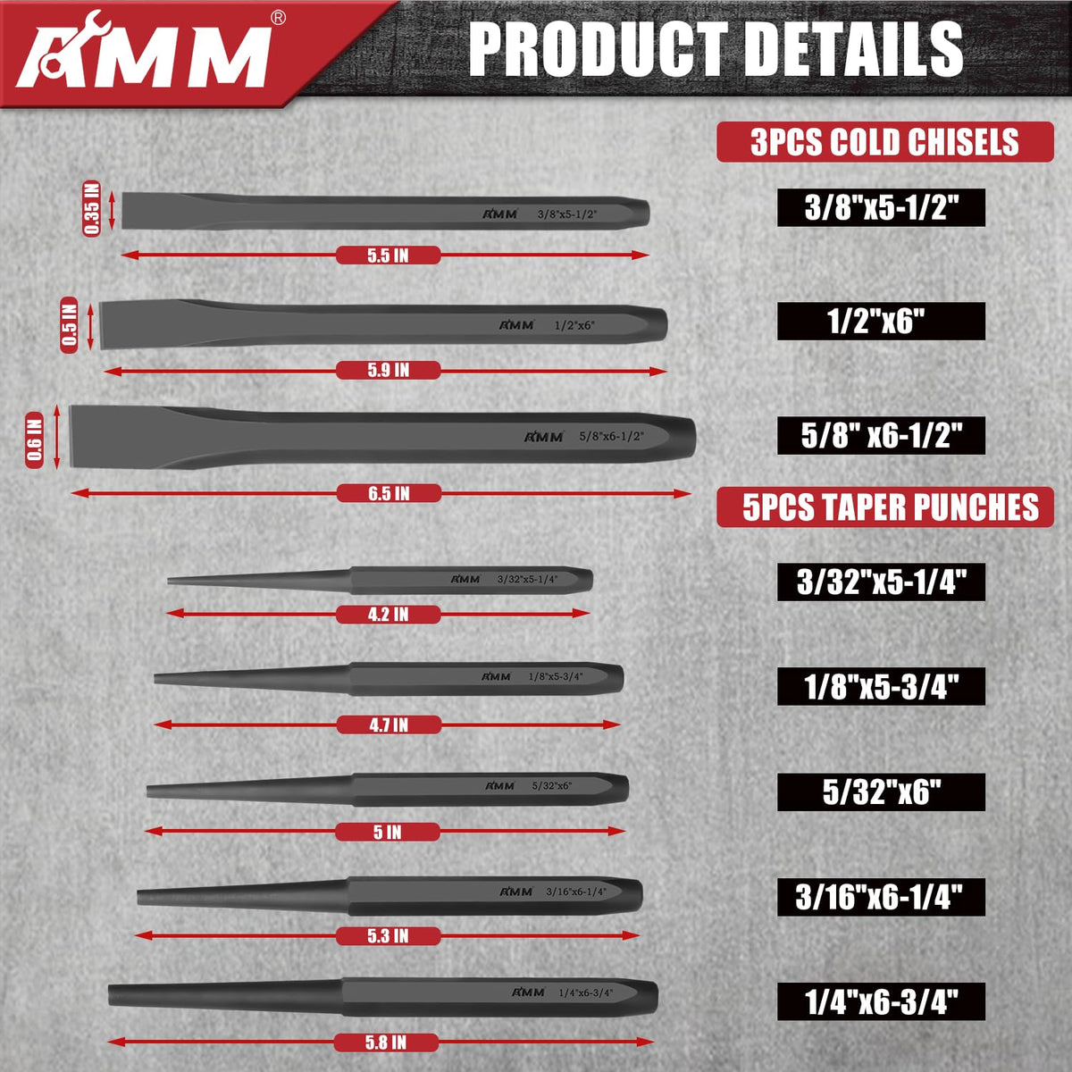 AMM 16pcs punch and chisel set pin punches for accurate part relocation