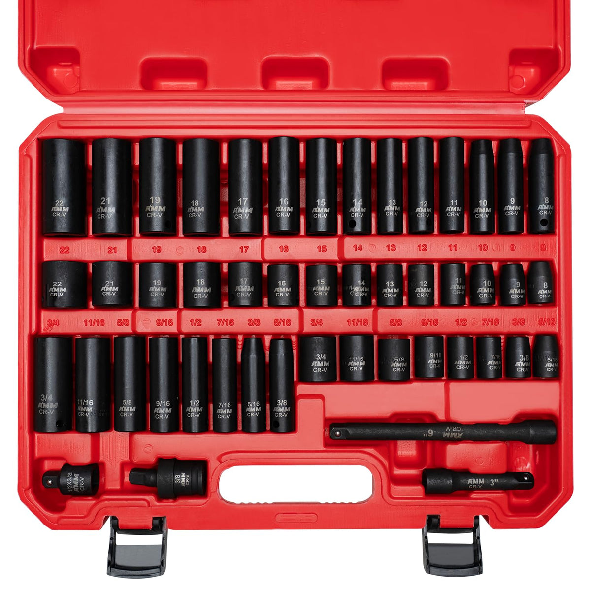 AMM 3/8-inch drive impact socket set with SAE and metric sizes for versatile repairs.