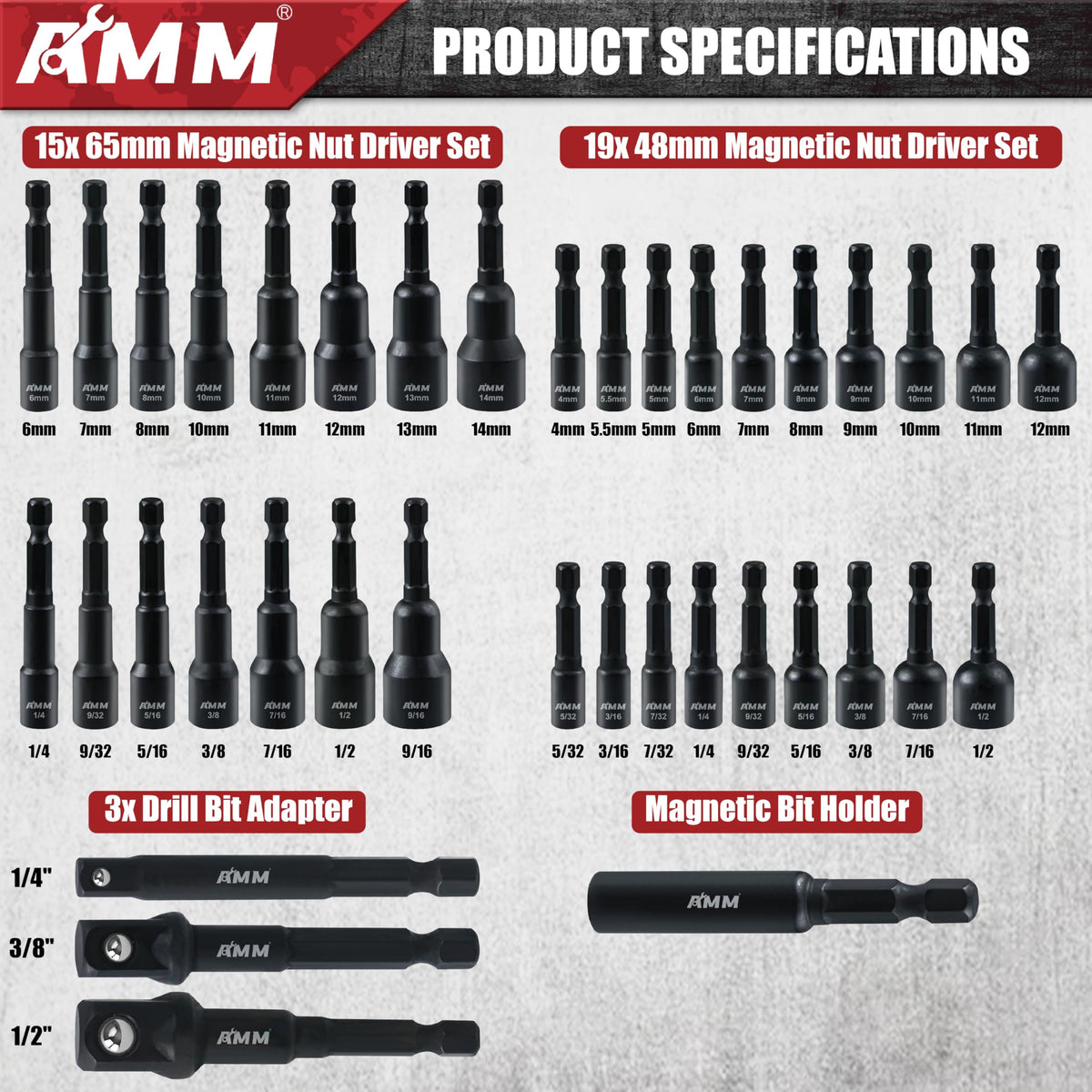 AMM 65mm magnetic nut drivers with laser-etched labels for quick identification