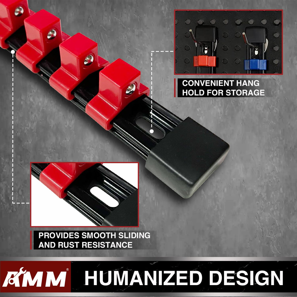 AMM 6pcs 1-4 drive socket organizer divides metric sockets for fast identification.