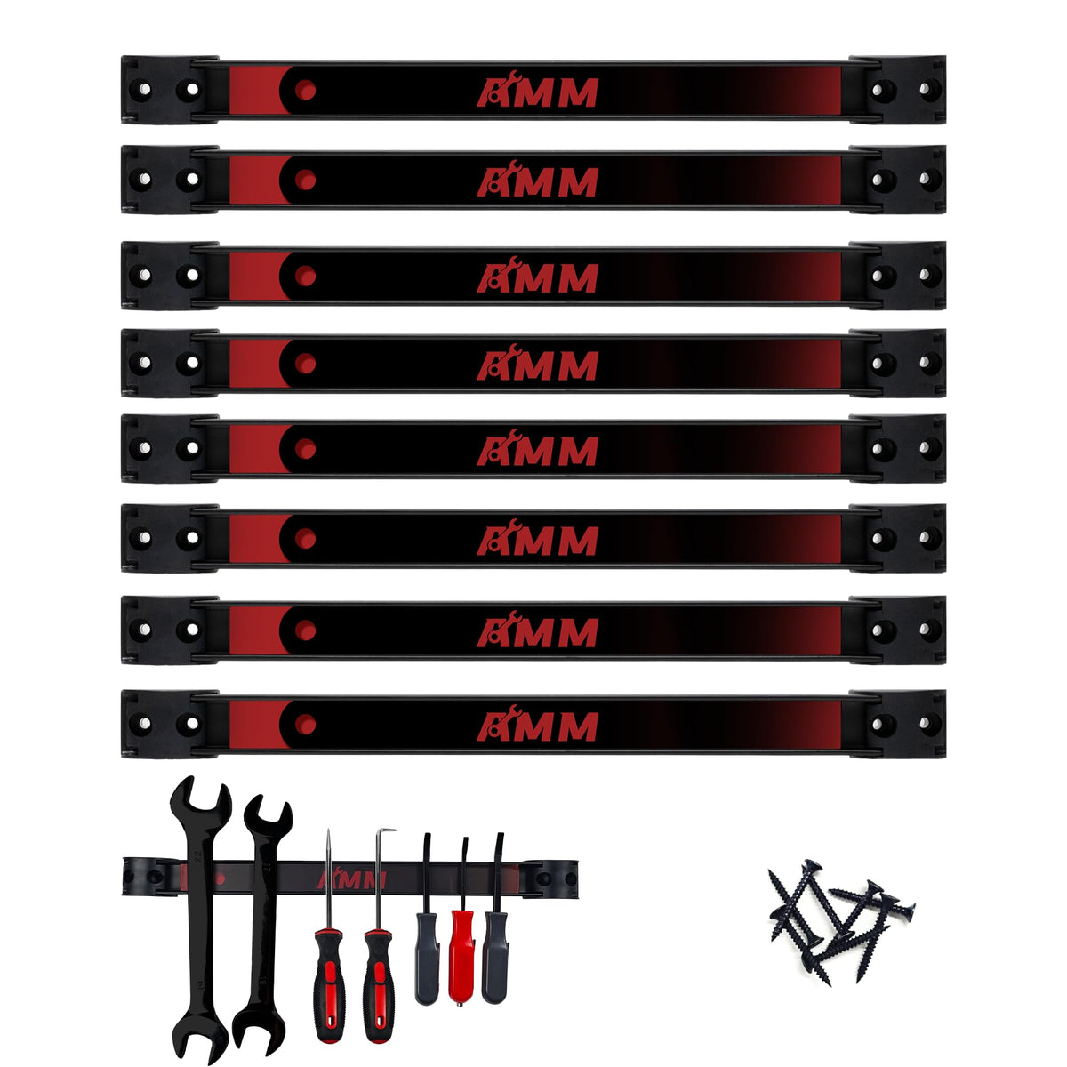 AMM 8-piece magnetic strip holds tools up to 22 lbs for organized garage storage.