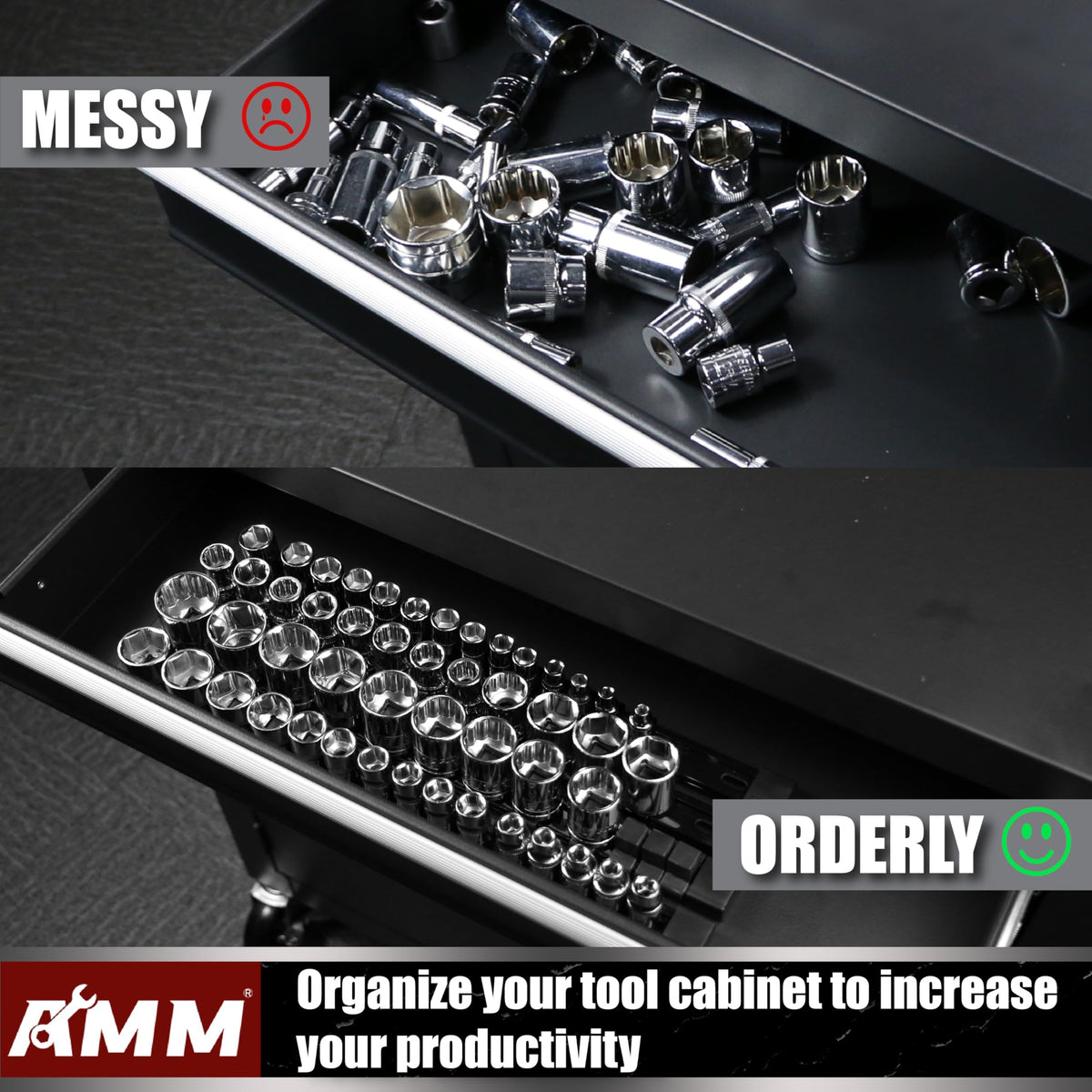 AMM socket organizer works in drawers, on walls, or on benches