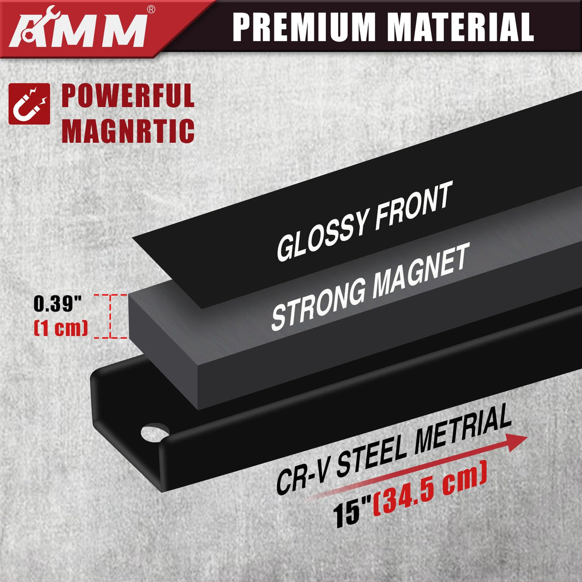 Expandable AMM magnetic strip system keeps tools organized in a single line.