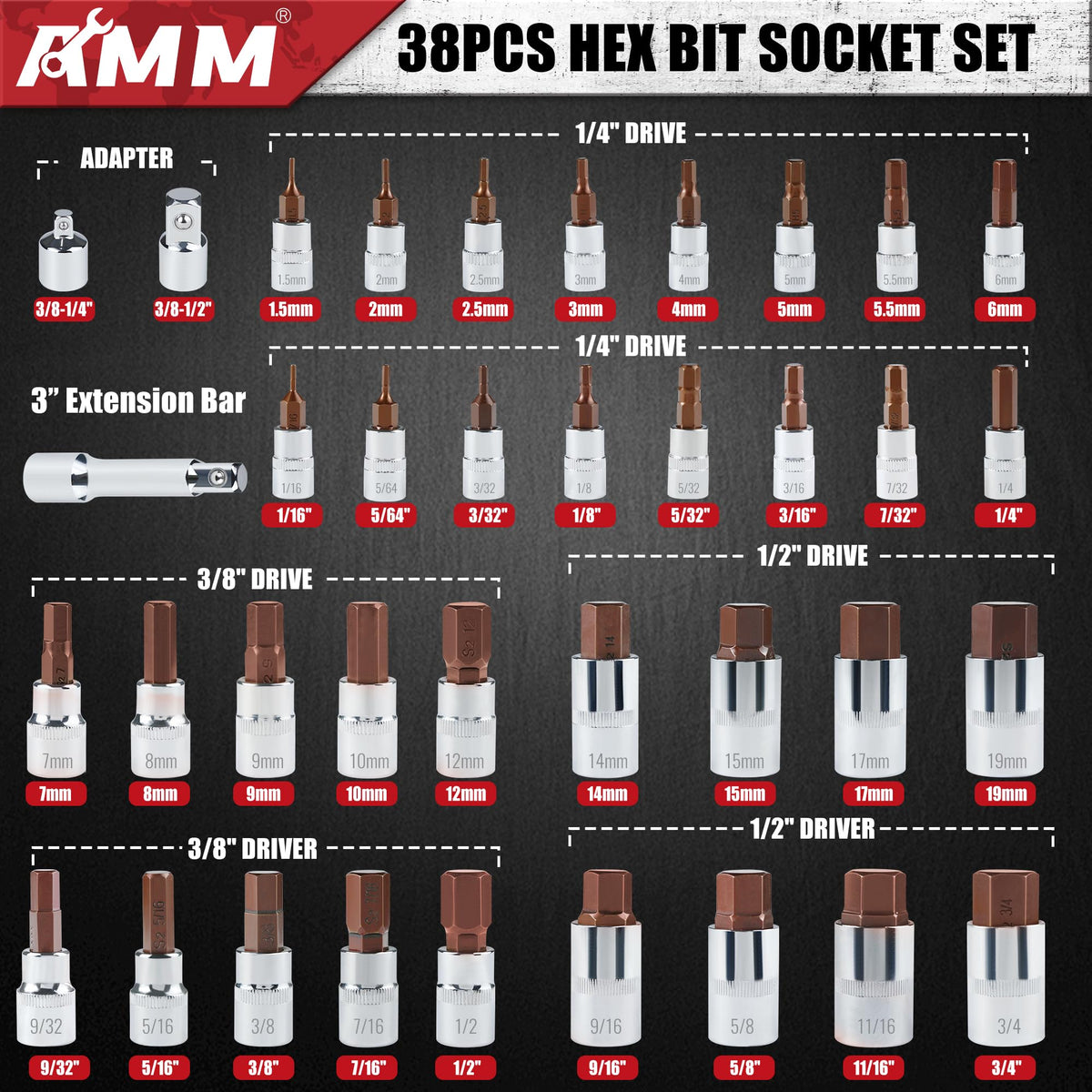 AMM 1-4 drive hex sockets for precise small-fastener work.
