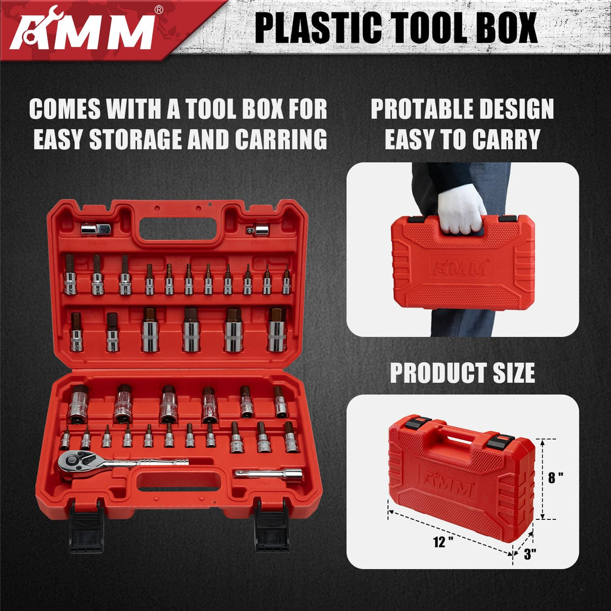 AMM 3-8 ratchet with extension enhances reach and flexibility.
