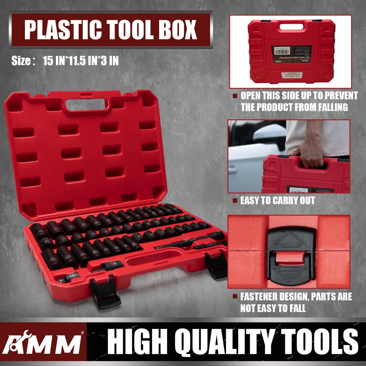 AMM socket sizes include SAE and metric for wide automotive and equipment use.