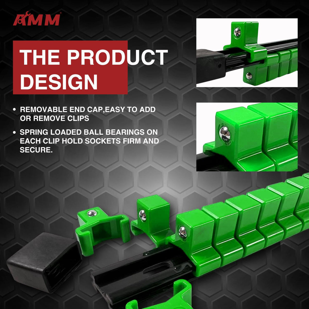 AMM 3/8-inch drive rail on wall keeps sockets organized and ready.