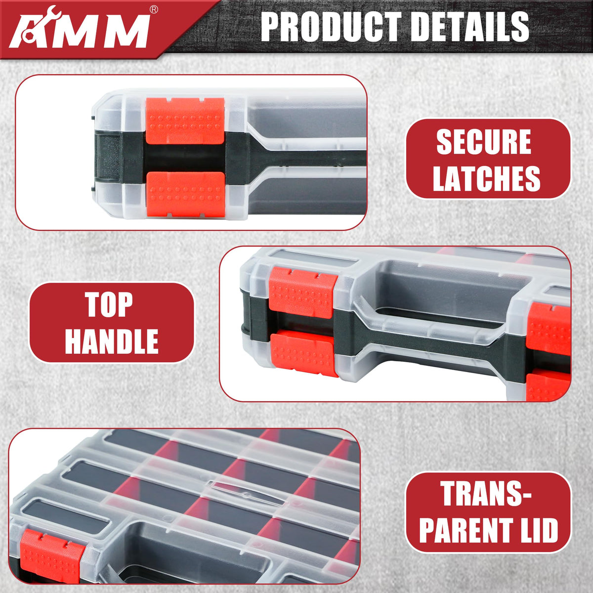 AMM Tool Box red safety clasps ensure secure closure during transport.