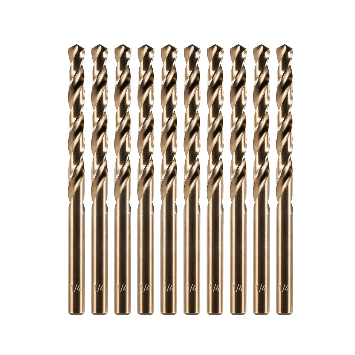 Amoolo 1/4 inch cobalt drill bits in front view showing precision and kit versatility
