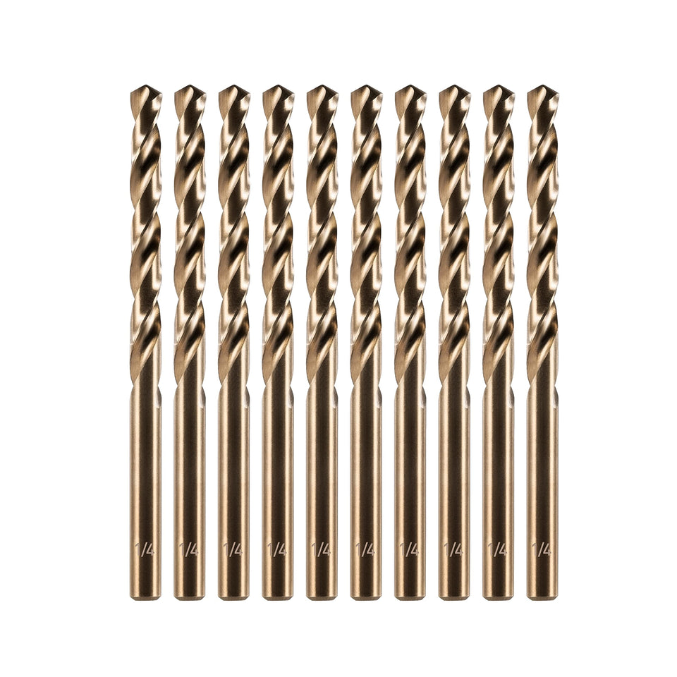 Amoolo 1/4 inch cobalt drill bits in front view showing precision and kit versatility