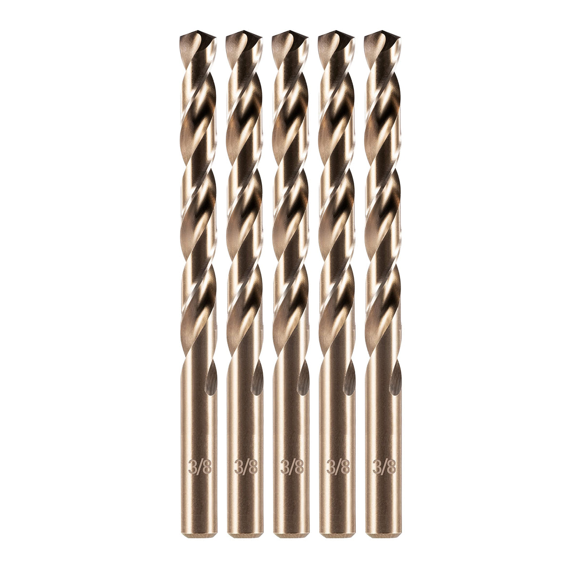 Amoolo 3/8-inch cobalt drill bit set 5pc closeup, durable for hard metals.
