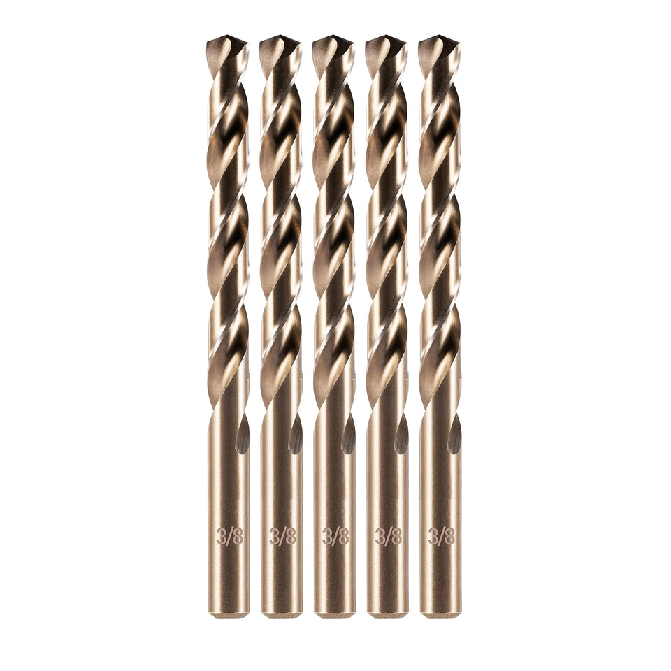 Amoolo 3/8-inch cobalt drill bit set 5pc closeup, durable for hard metals.