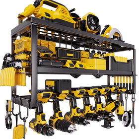Amoowis heavy-duty power tool organizer wall mount assembly keeps tools organized for clutter-free garage storage.