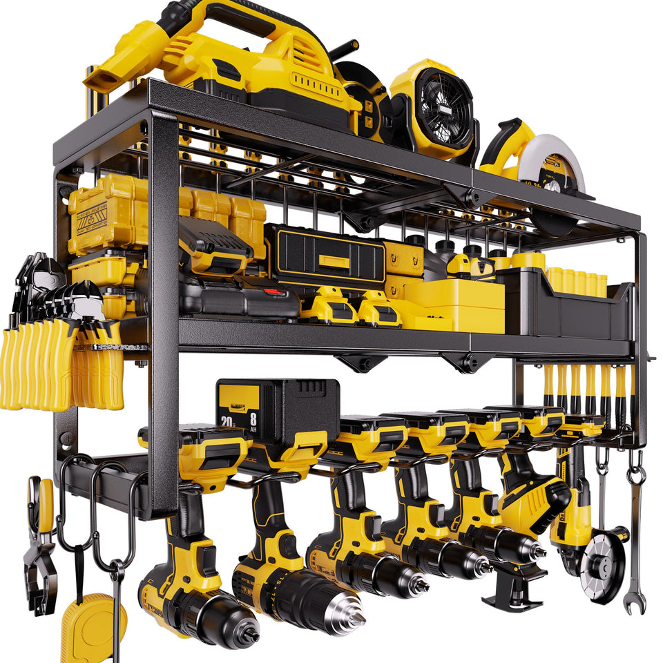 Amoowis heavy-duty power tool organizer wall mount assembly keeps tools organized for clutter-free garage storage.