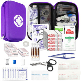 AMORNING 276-piece compact first aid kit in purple bag for home and travel readiness.