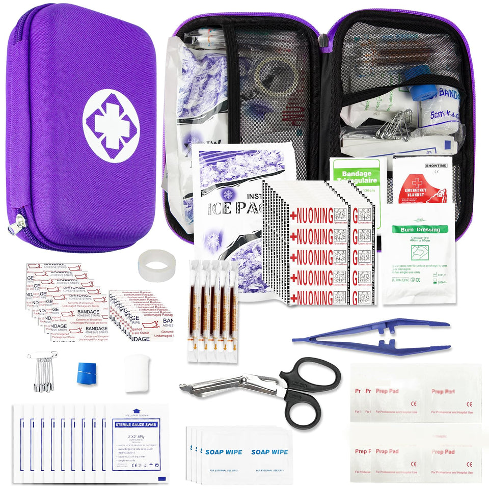 AMORNING 276-piece compact first aid kit in purple bag for home and travel readiness.