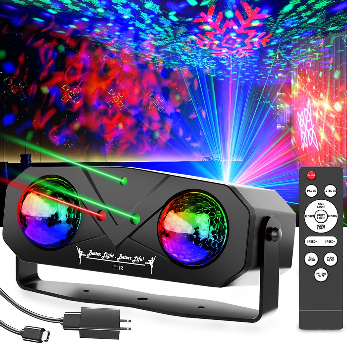 Amosamz Disco Lights disco ball rotates to create vibrant party reflections.