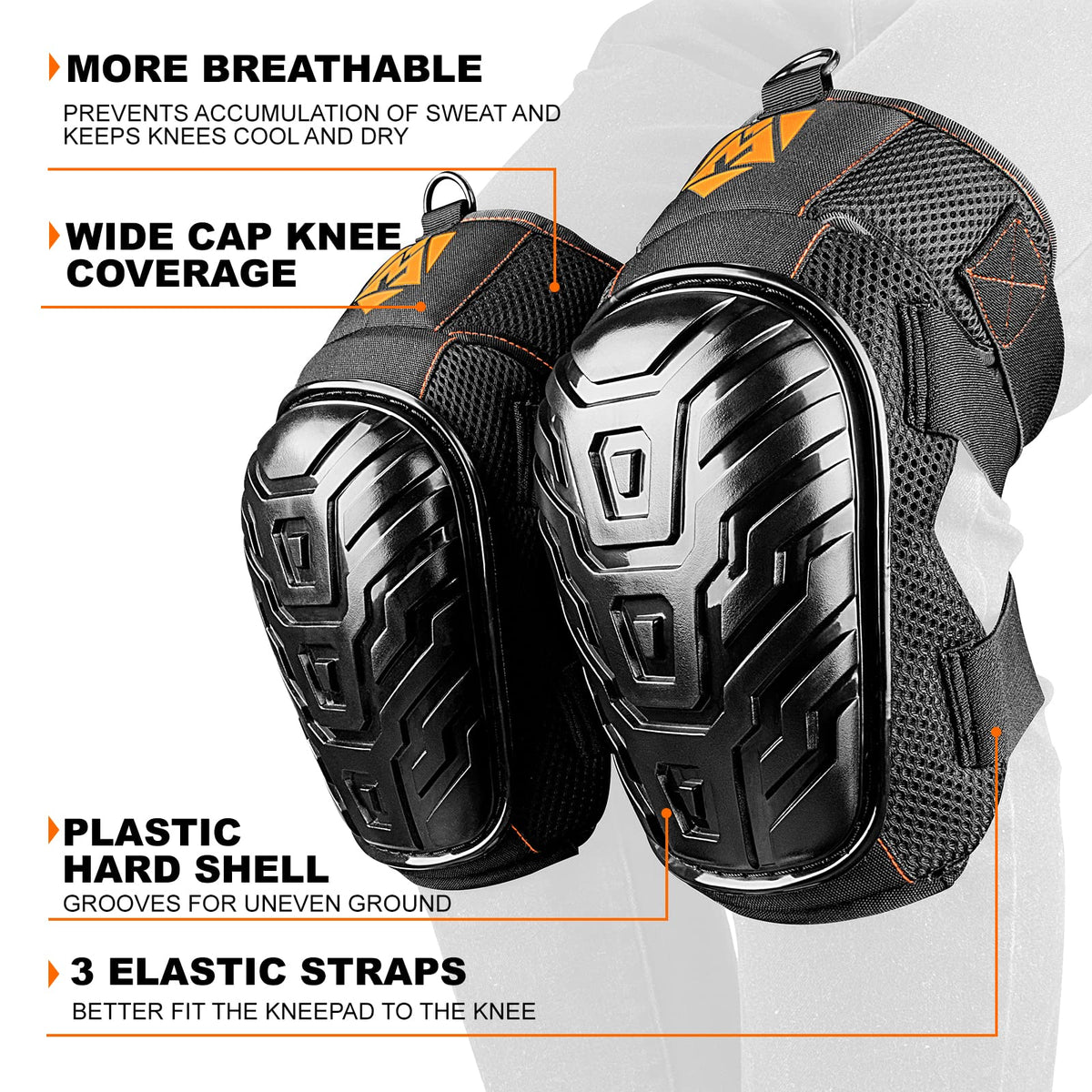 AMPAS protective cap on knee pads guarding against debris during jobsite use
