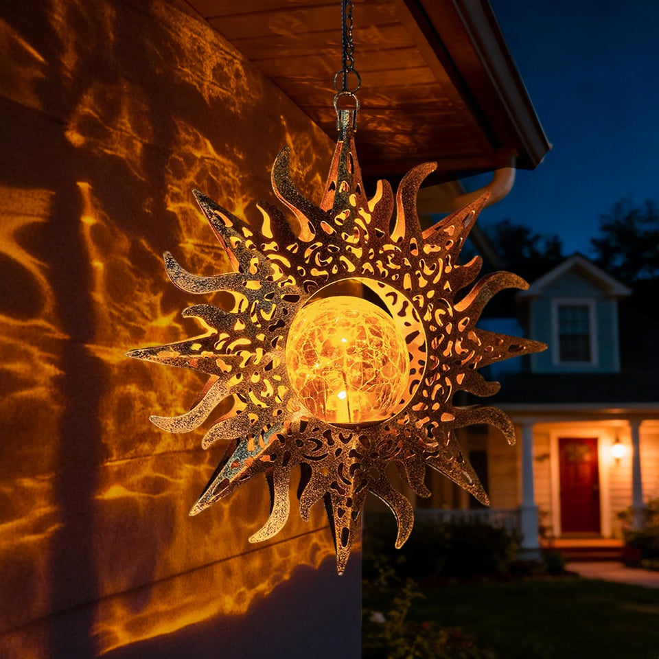 Amugmilk solar lantern with sunflower motif hanging adds warm outdoor glow.