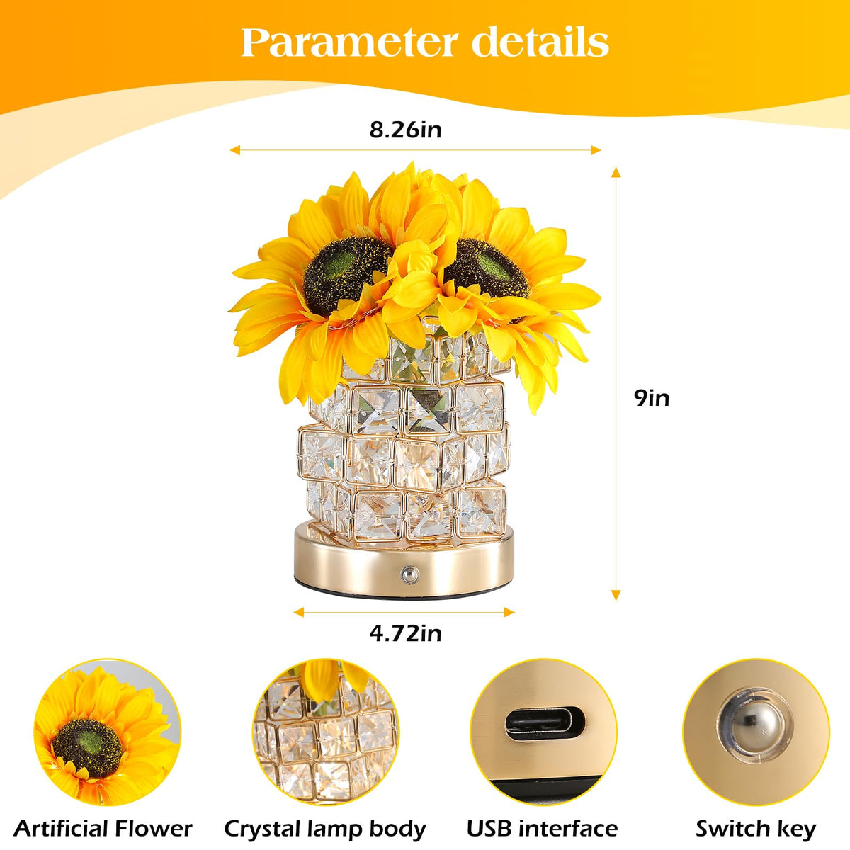 AMWGIMI Sunflowers crystal pot and silk petals add decorative charm