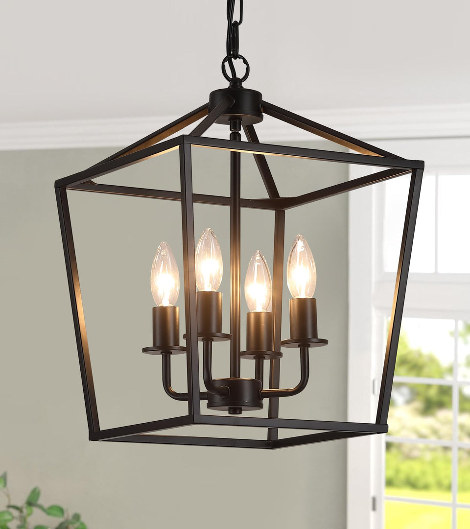 AMZASA black lantern chandelier with four lights enhances dining spaces with dramatic ambient lighting.