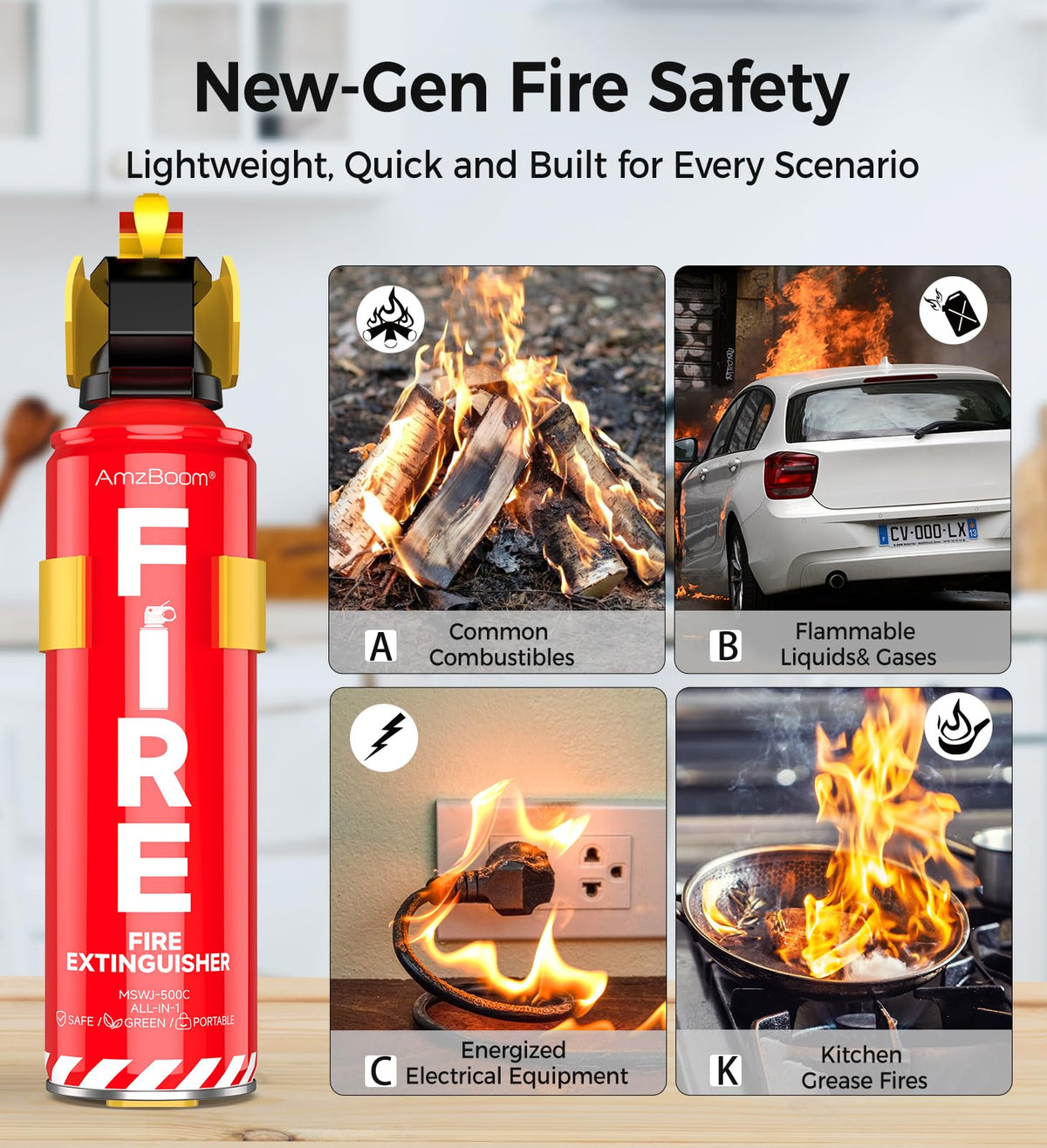 AmzBoom 2-Pack Fire Extinguisher Kit—8-in-1 protection for woods, oils, and electronics.