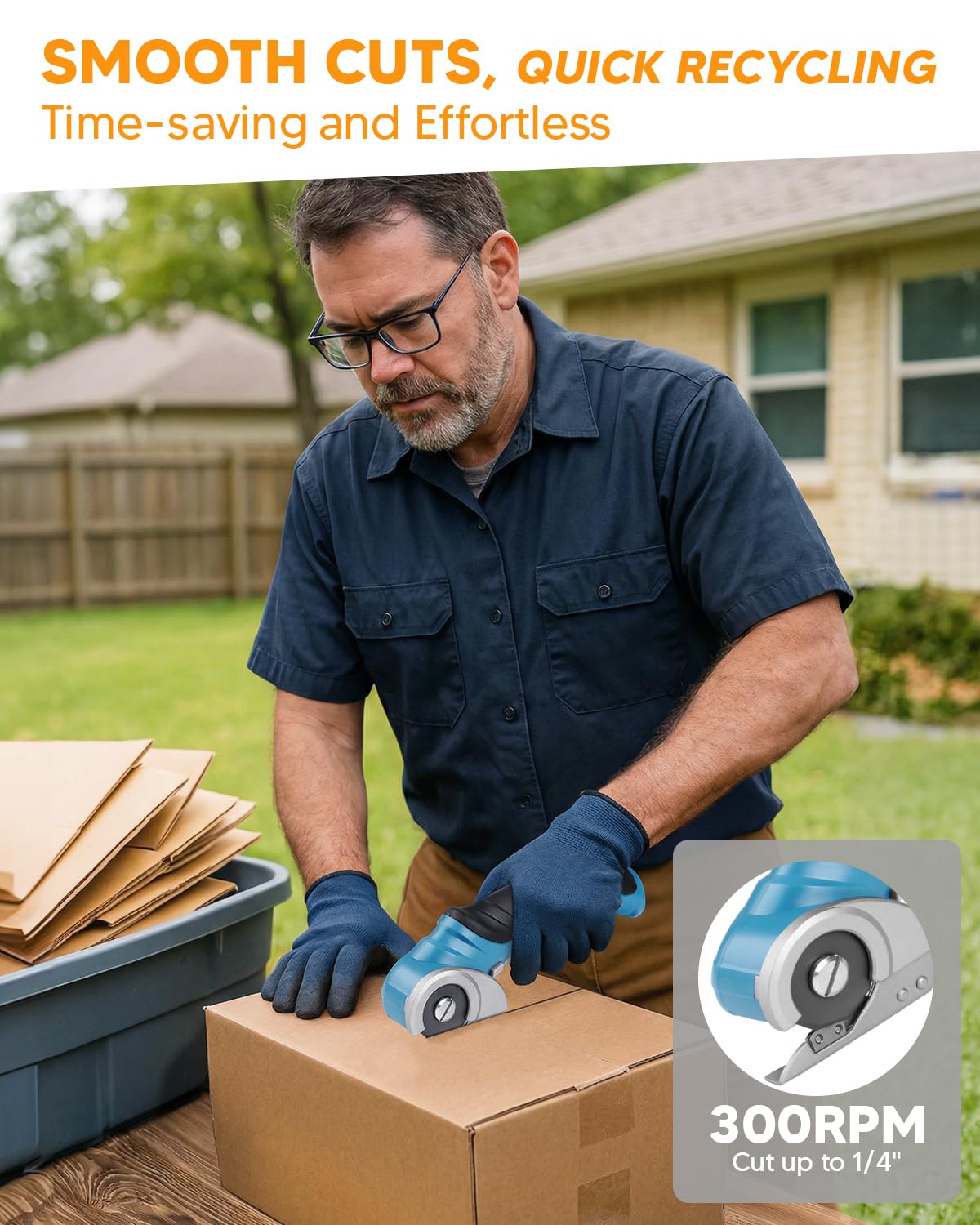 AMZBUY cordless electric scissors with rotary blade cutting through paper and cardboard quickly.