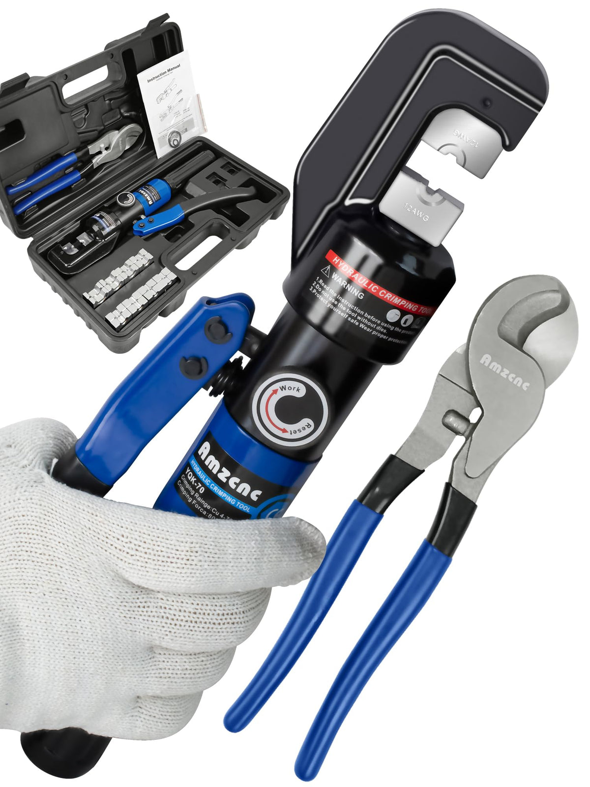 AMZCNC hydraulic crimping tool die set enables 12AWG to 2-0AWG crimps