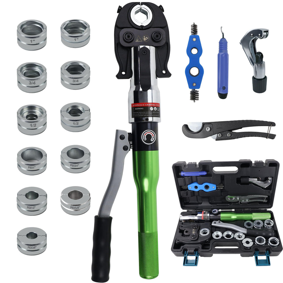 AMZCNC pipe press tool with 360-degree head for tight-space crimping.