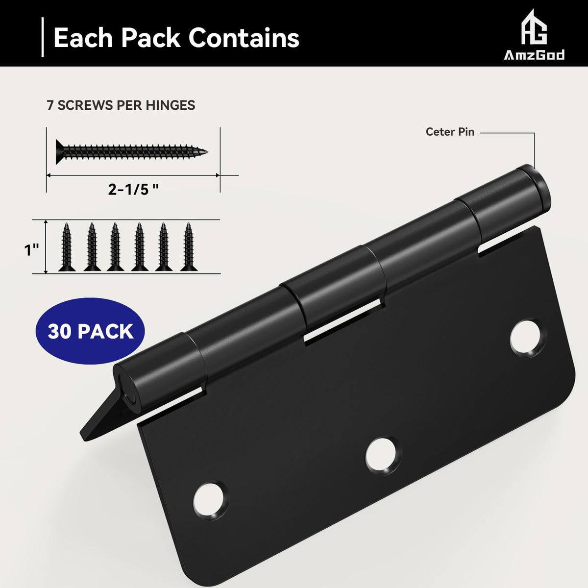 AmzGod hinge with screws image emphasizing upgradable screw length for secure mounting