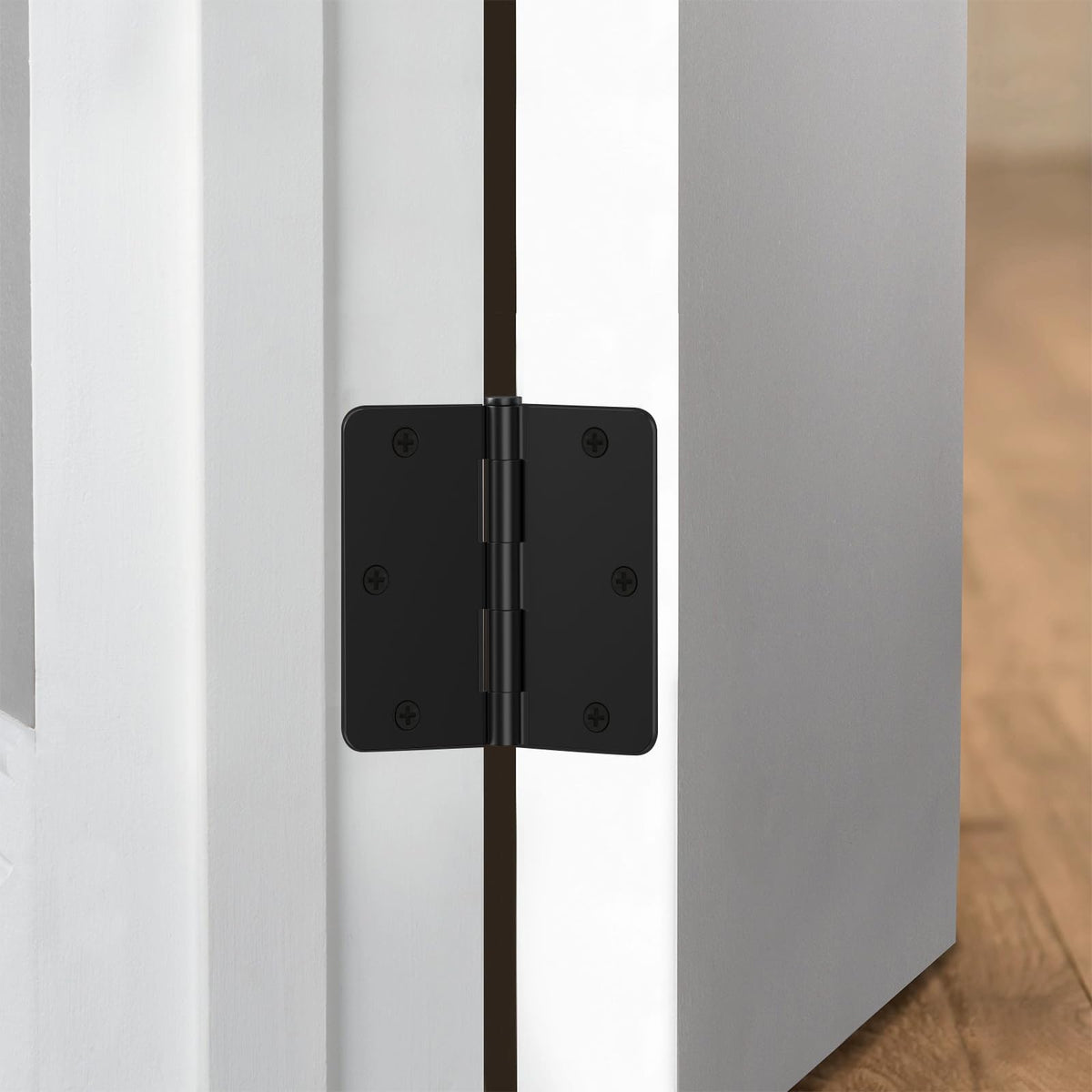 AmzGod matte black door hinge pack image showing 30 hinges and screws for easy replacement