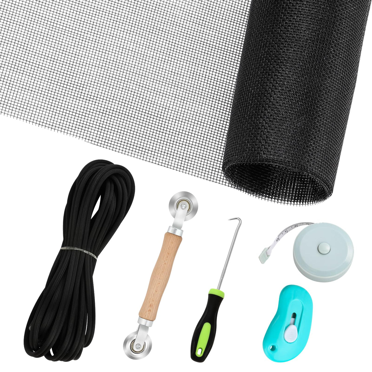Amzjjle window screen repair kit contents showing tools for quick DIY fixes.
