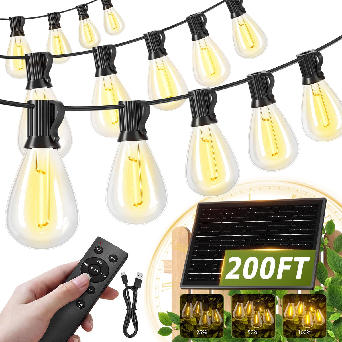 Amzrap 200ft solar string lights along a spacious backyard patio, creating inviting ambience.