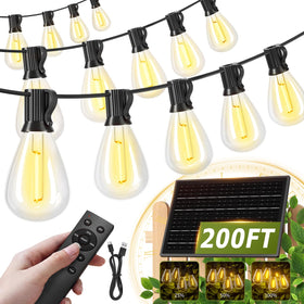 Amzrap 200ft solar string lights along a spacious backyard patio, creating inviting ambience.