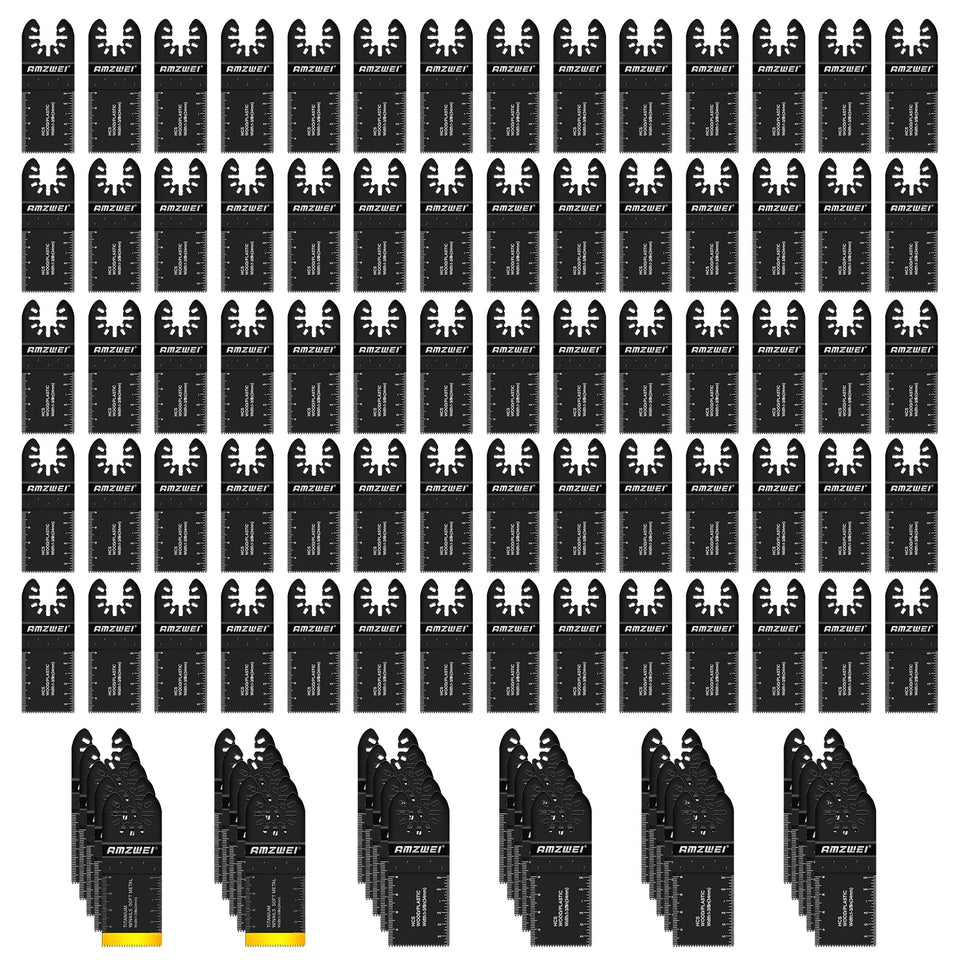 AMZWEI 100pcs oscillating blades kit for wood and metal cutting, ideal for home remodeling.