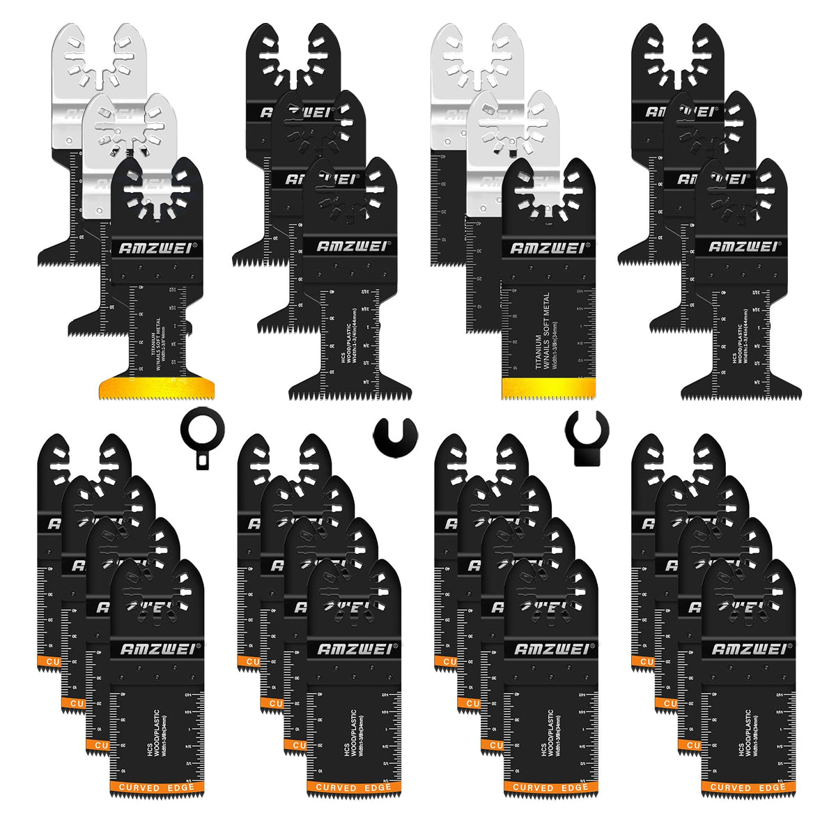 AMZWEI 28PCS oscillating blades kit for versatile wood and metal cutting.