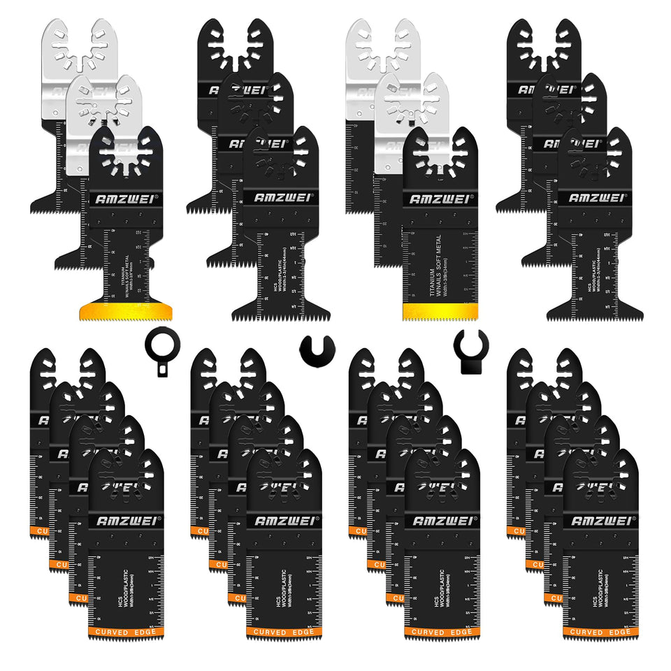 AMZWEI 28PCS oscillating blades kit for versatile wood and metal cutting.