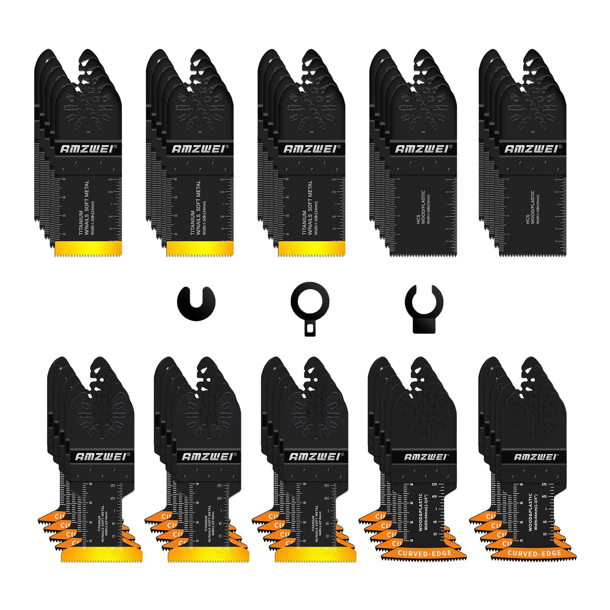 AMZWEI 50pcs titanium oscillating blades set for metal, wood, and plastic cuts.