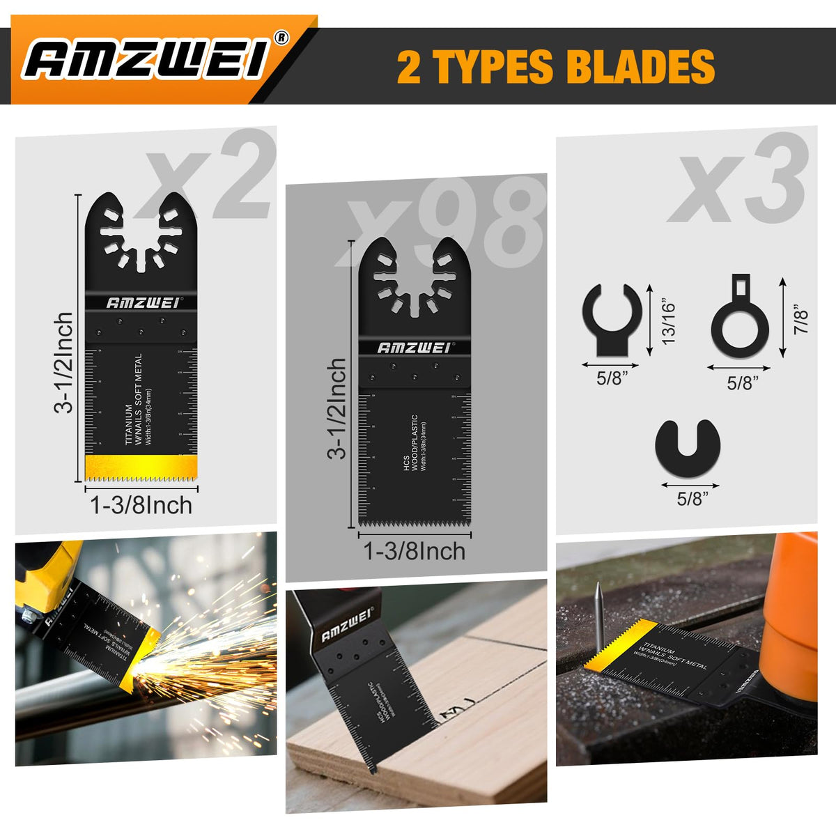 AMZWEI titanium-coated blades cut embedded nails in wood without swapping blades.