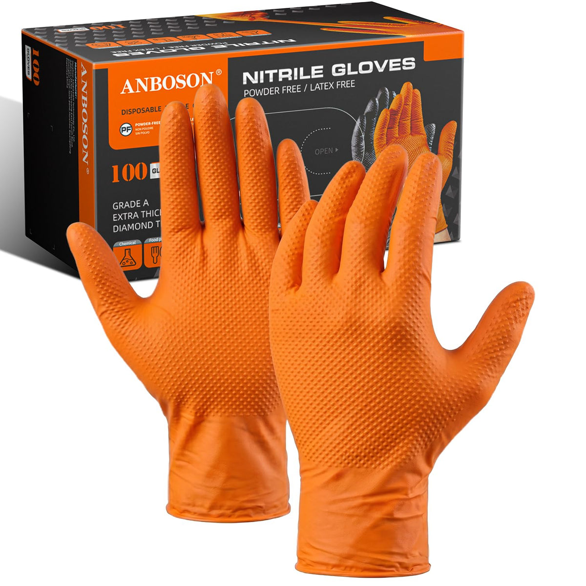 ANBOSON 10mil nitrile gloves with bold orange palm for secure handling