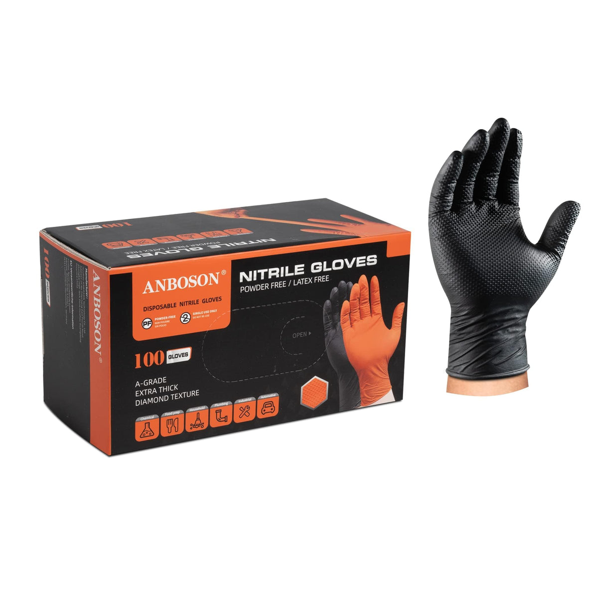 ANBOSON 10mil nitrile gloves in a pack for tough jobs.